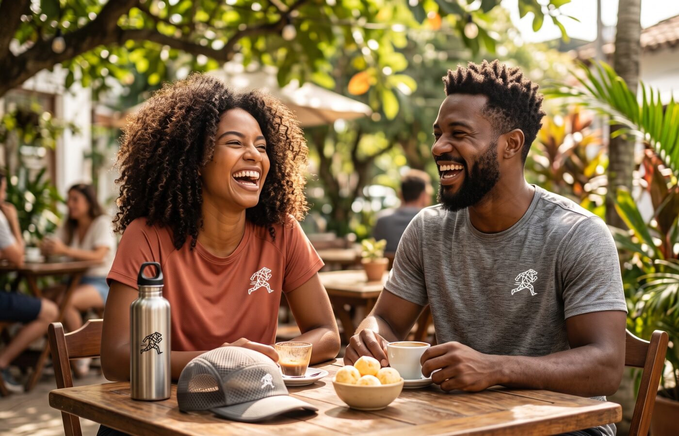 Dois amigos rindo em café ao ar livre após a corrida usando Northpaw
